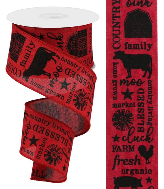 10 Yards - 2.5" Wired Red and Black Farm Fresh Chicken, Cow, and Pig Ribbon