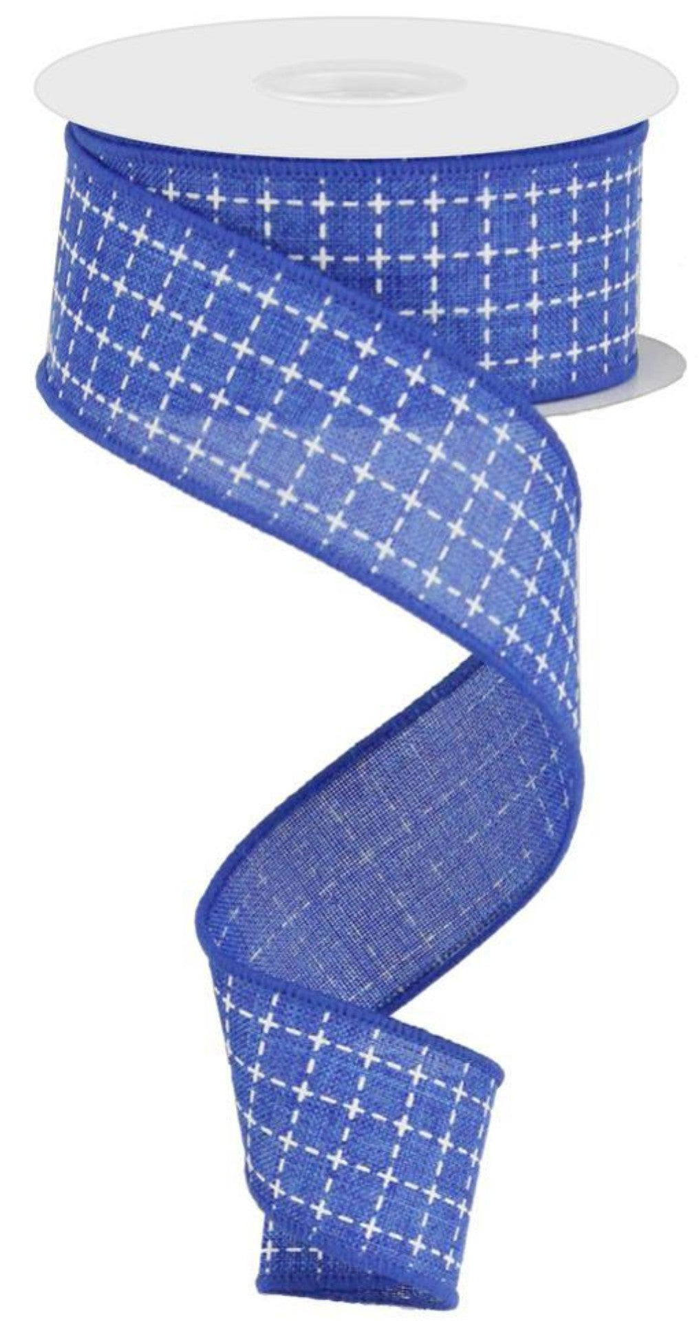 10 Yards - 1.5" Wired Blue and White Faux Stitched Check Ribbon