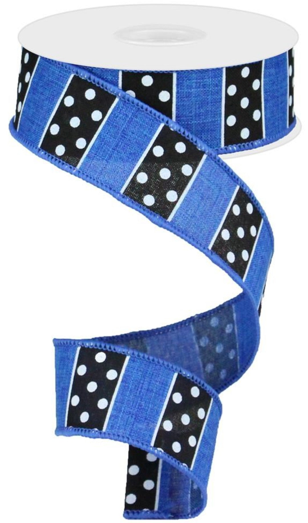 10 Yards - 1.5" Wired Black, White, and Blue Polka Dot Stripe Ribbon