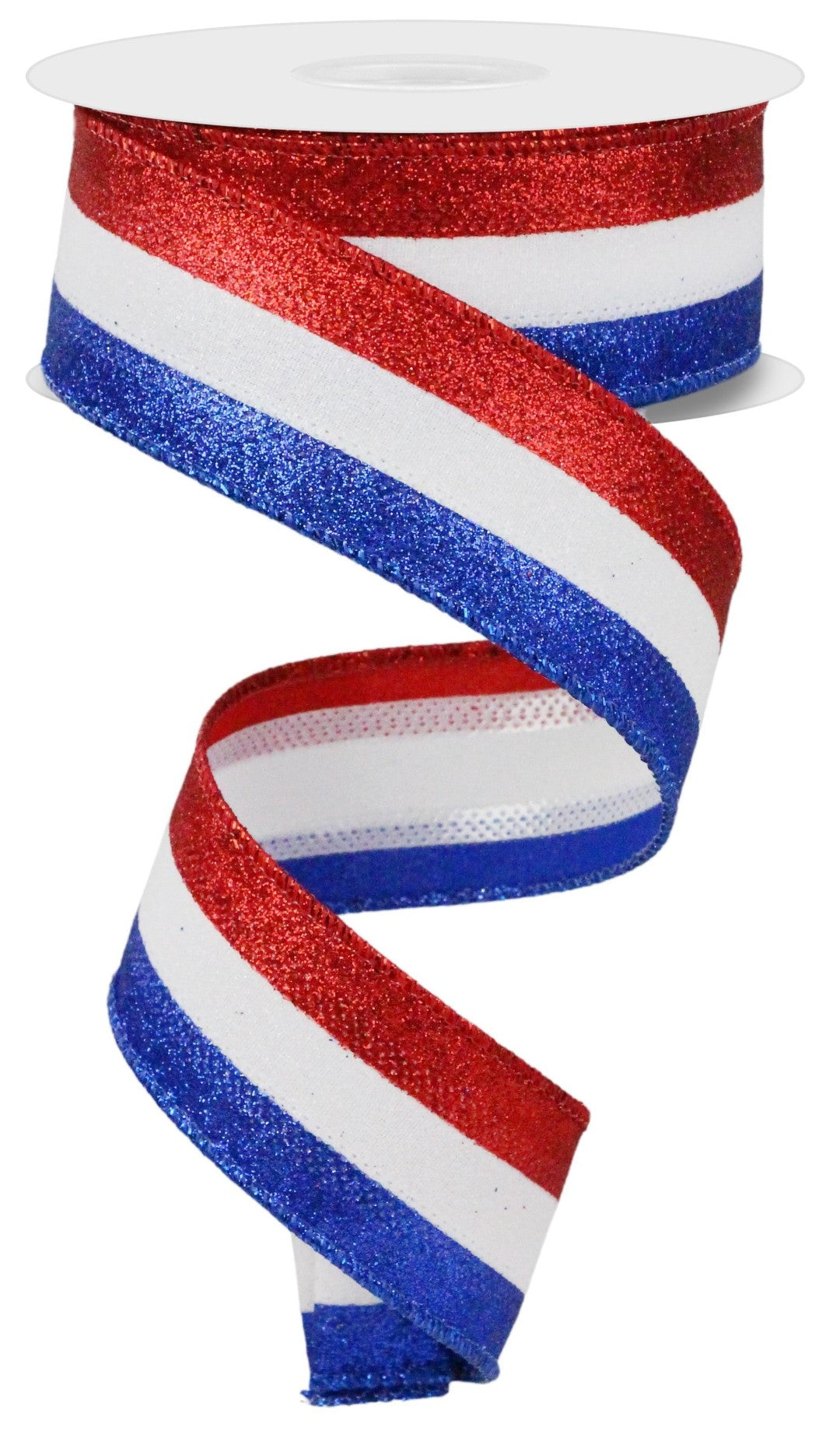 10 Yards - 1.5" Wired Red, White, and Blue Heavy Glitter Patriotic Ribbon