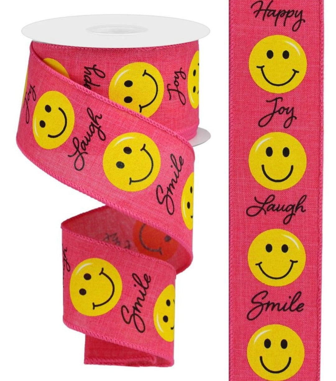 10 Yards - 2.5" Wired Pink Background Smiley Face Ribbon