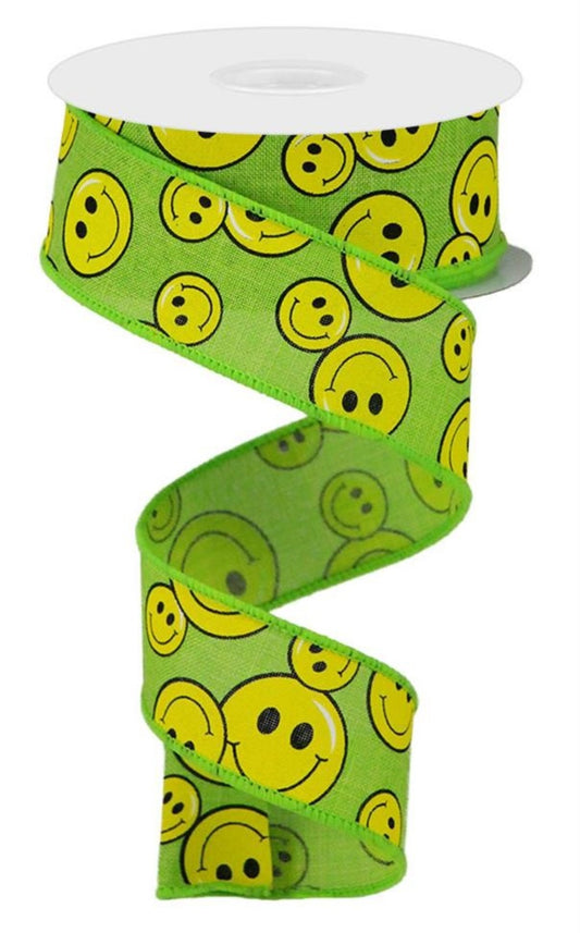 10 Yards - 1.5" Wired Green Background Smiley Face Ribbon