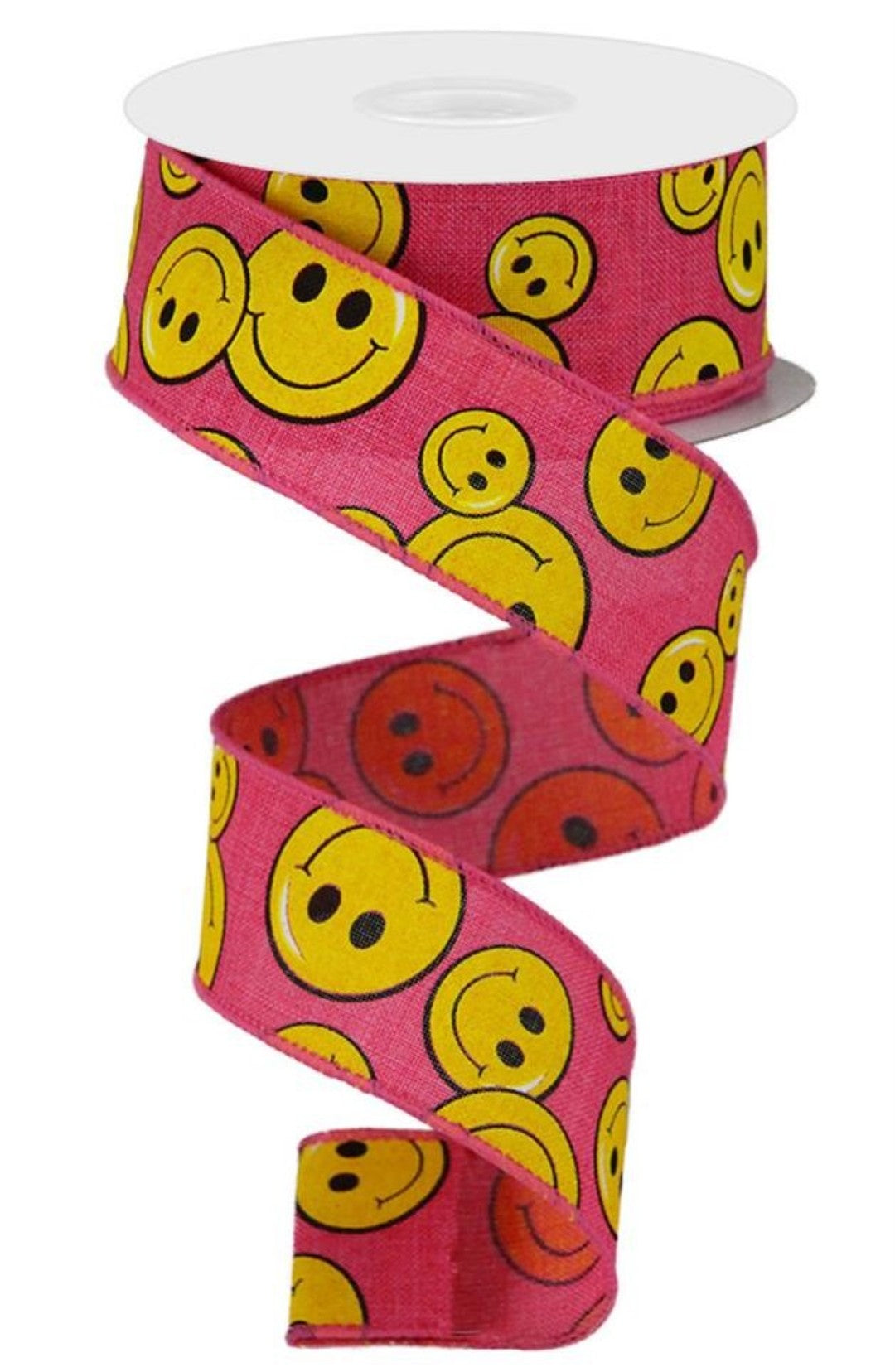 10 Yards - 1.5" Wired Pink Background Smiley Face Ribbon