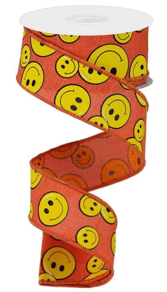 10 Yards - 1.5" Wired Orange Background Smiley Face Ribbon