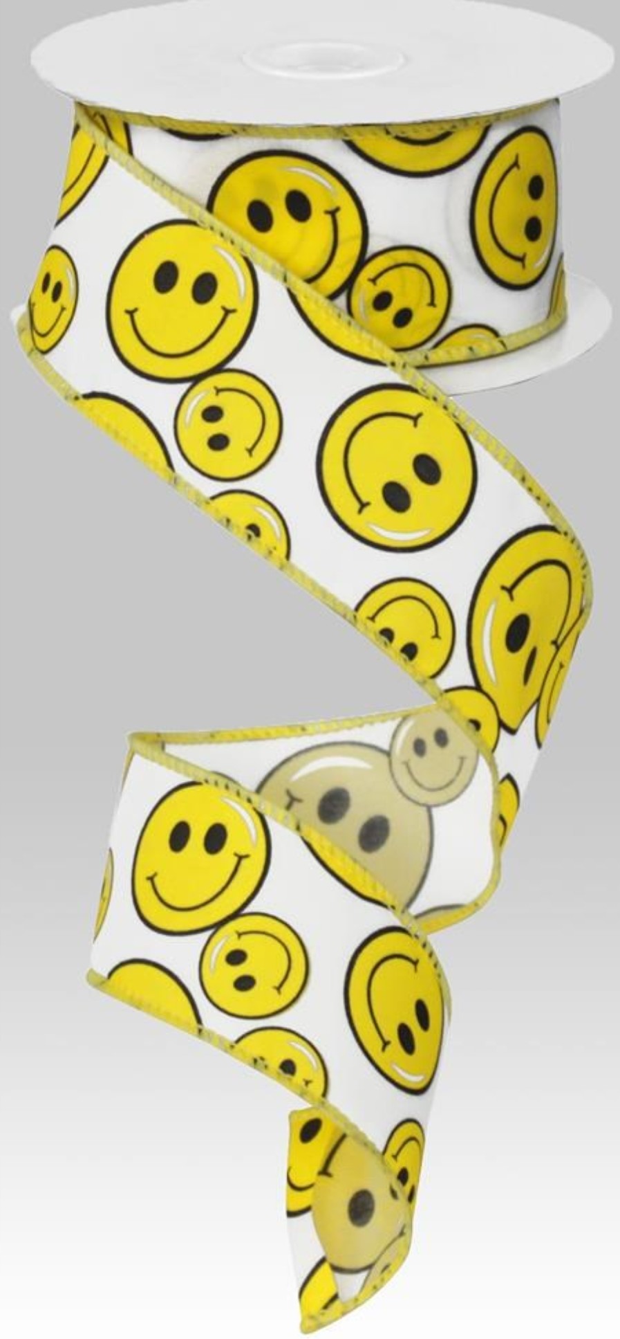 10 Yards - 1.5" Wired White Background Smiley Face Ribbon