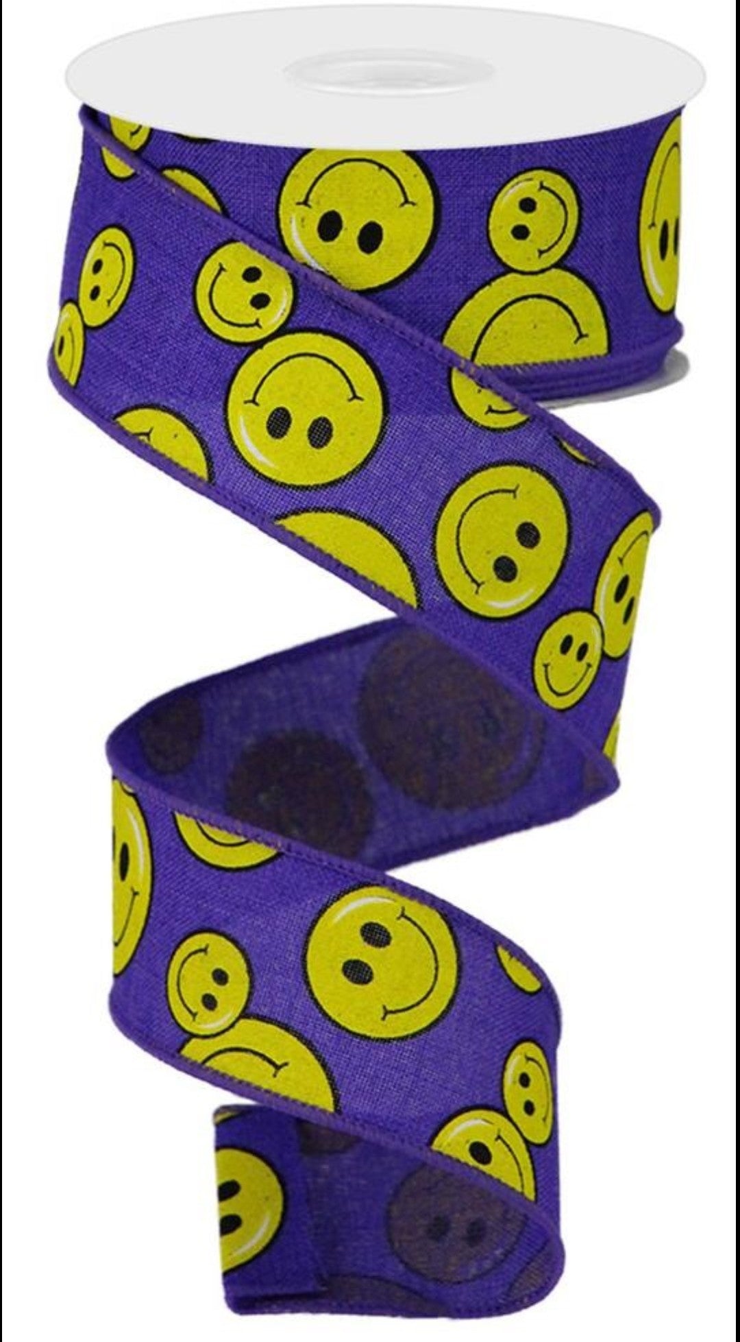 10 Yards - 1.5" Wired Purple Background Smiley Face Ribbon