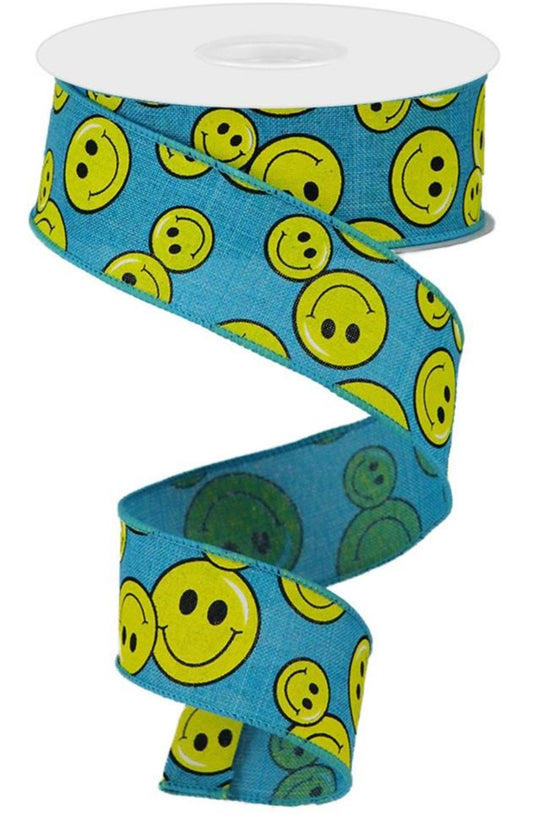 10 Yards - Wired Blue Background Smiley Face Ribbon