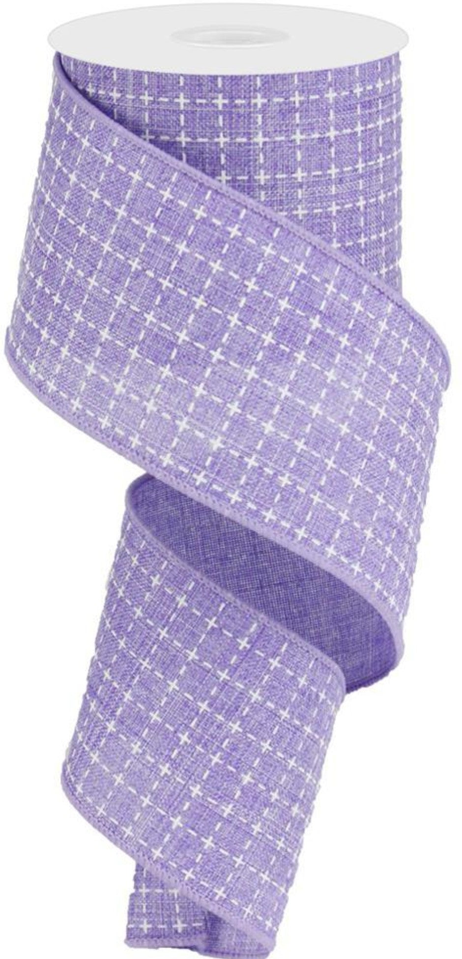 10 Yards - 2.5" Wired Lavender and White Faux Stitched Check Ribbon