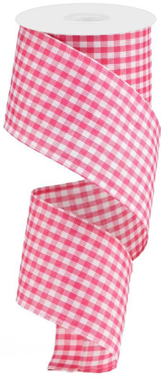 10 Yards - 2.5" Wired Fuchsia Pink and White Gingham Check Ribbon