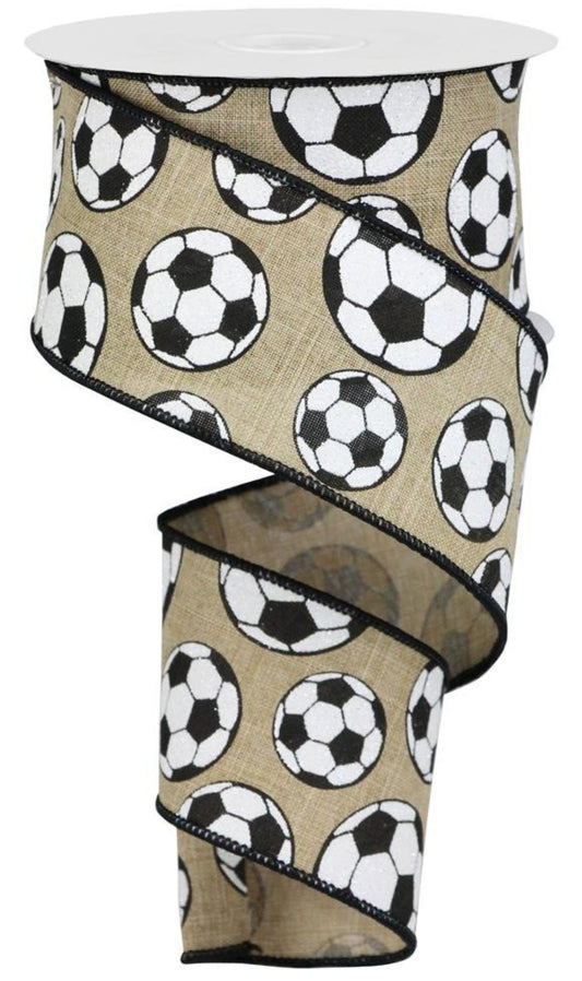 10 Yards - 2.5" Wired Natural Background Soccer Ribbon with Glitter Accent