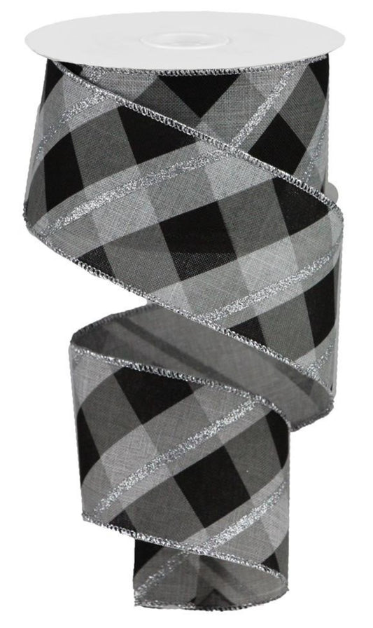 10 Yards - 2.5" Wired Black, Gray, and Silver Glitter Cross Stripe Ribbon