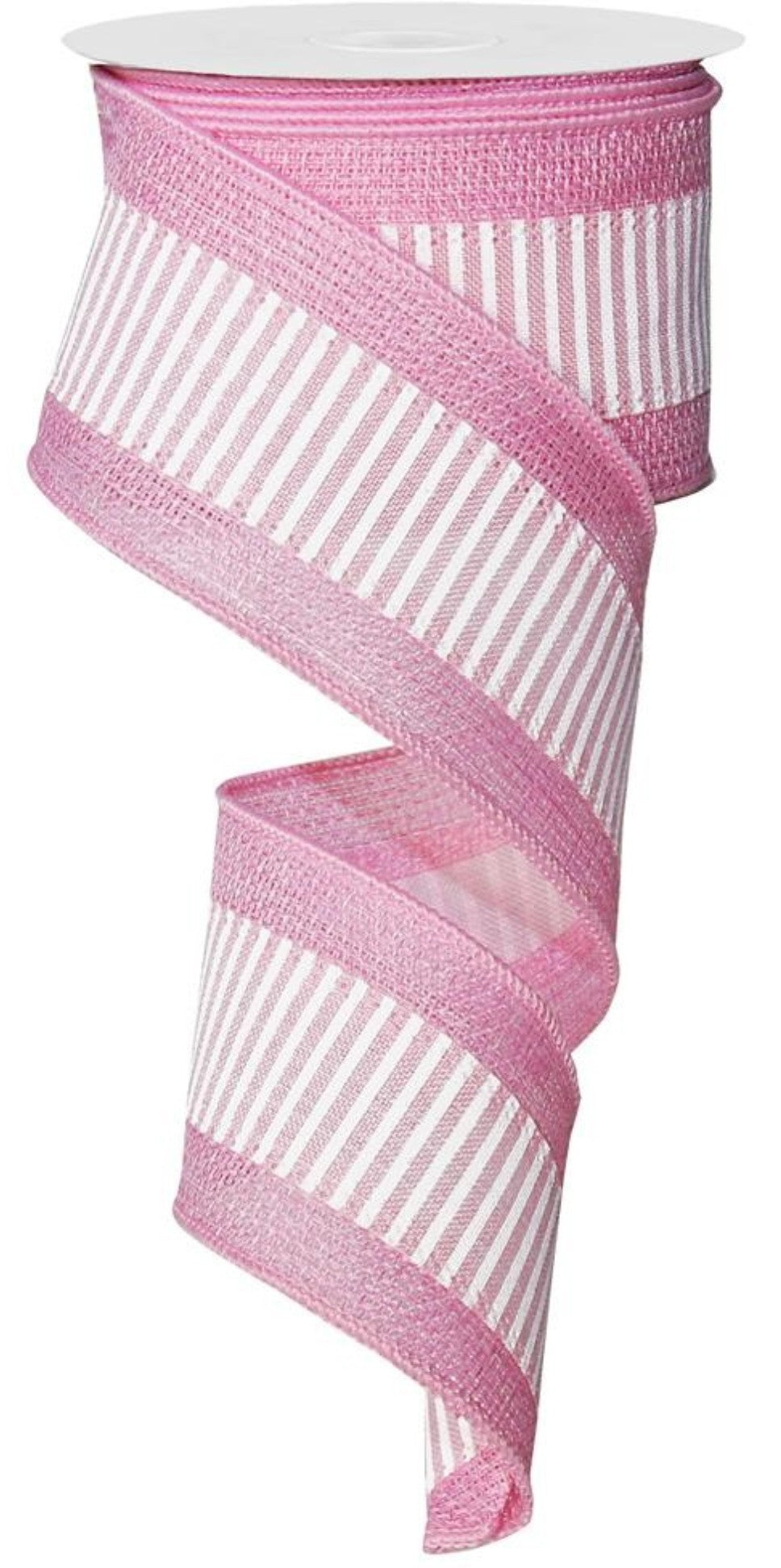 10 Yards - 2.5" Wired Pink and White Stripe Ribbon with Pink Edging