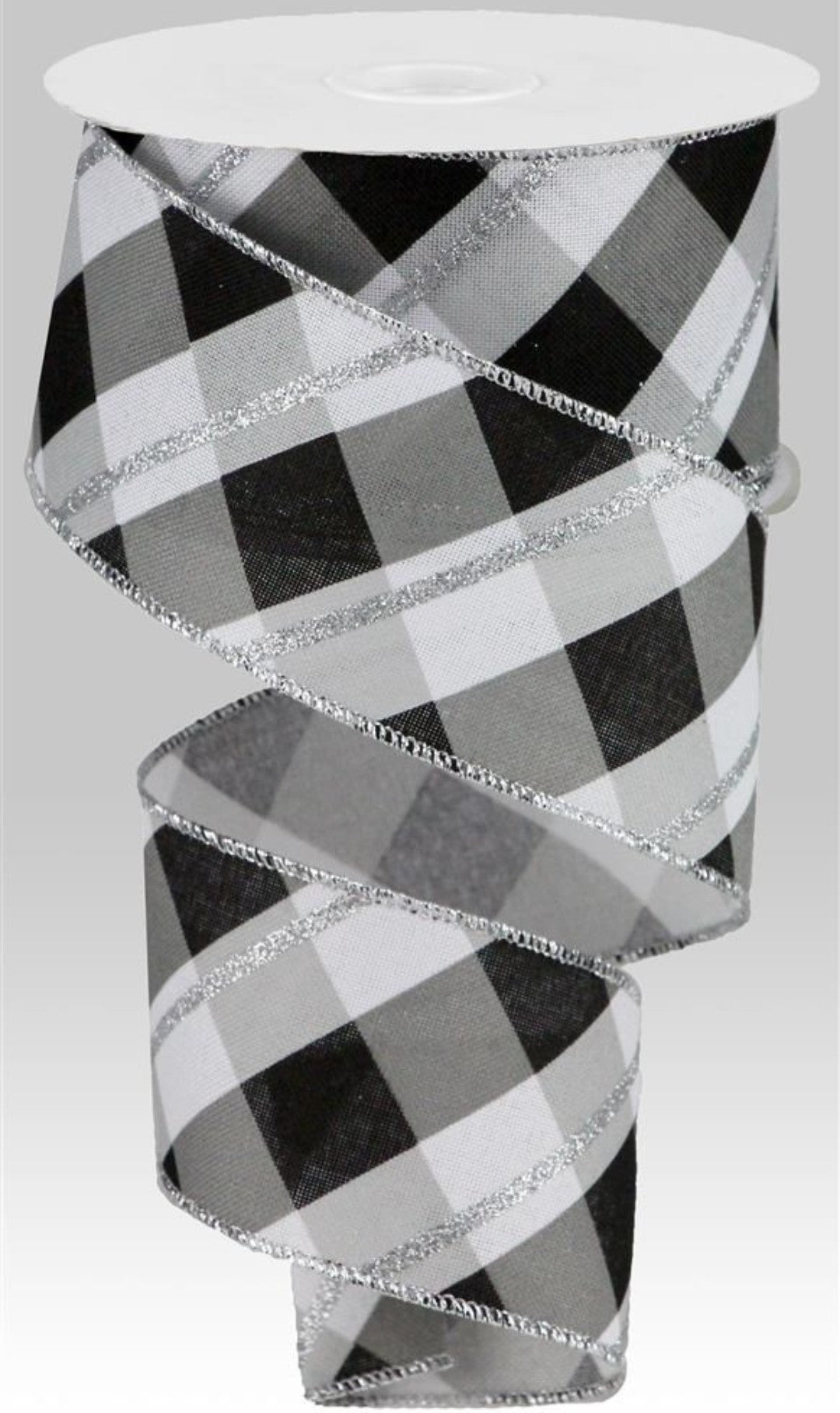 10 Yards - 2.5" Wired Black, White, Gray, and Silver Cross Plaid Ribbon with Silver Glitter Accent