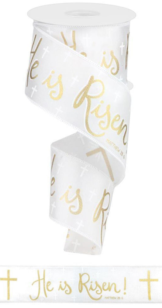 10 Yards - 2.5" Wired White Satin and Metallic Gold He is Risen Easter Ribbon