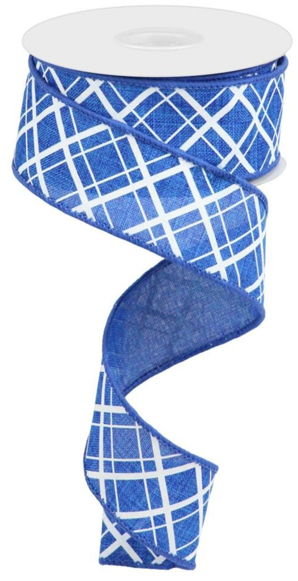 10 Yards - 1.5" Wired Royal Blue and White Cross Plaid Ribbon