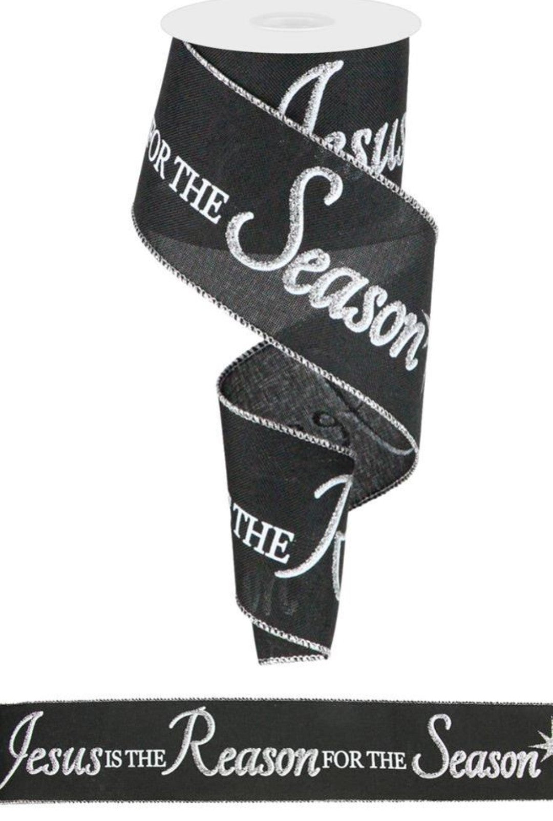 10 Yards - 2.5" Wired Black, White, and Silver Jesus is the Reason for the Season Christmas Ribbon