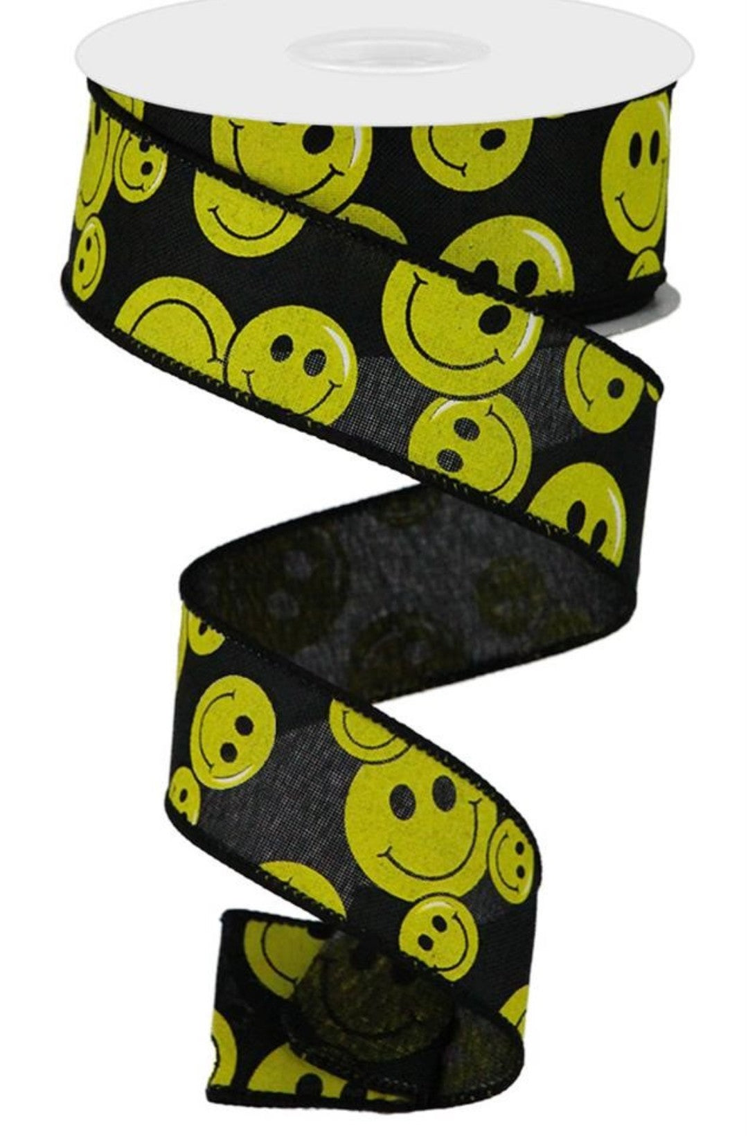 10 Yards - 1.5" Wired Black Background Smiley Face Ribbon