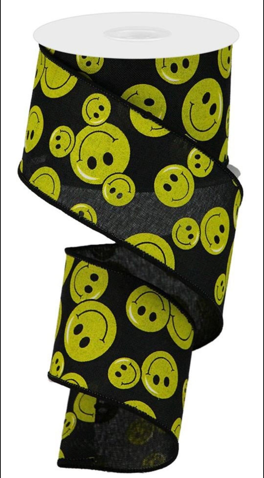 10 Yards - 2.5" Wired Black Background Smiley Face Ribbon