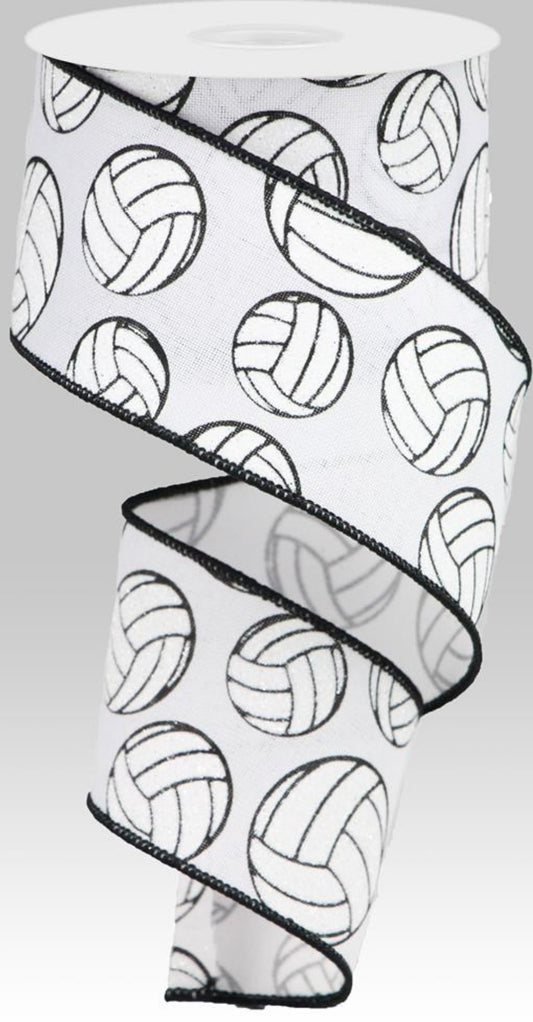 10 Yards - 2.5" Wired White Background Volleyball Ribbon with Glitter Accent