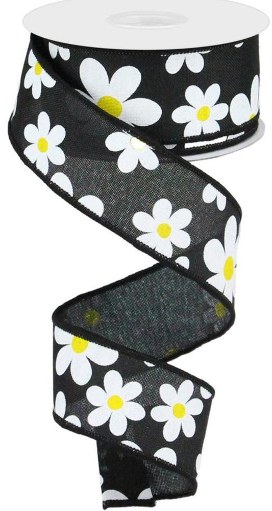 10 Yards - 1.5" Wired Black Background Daisy Flower Ribbon