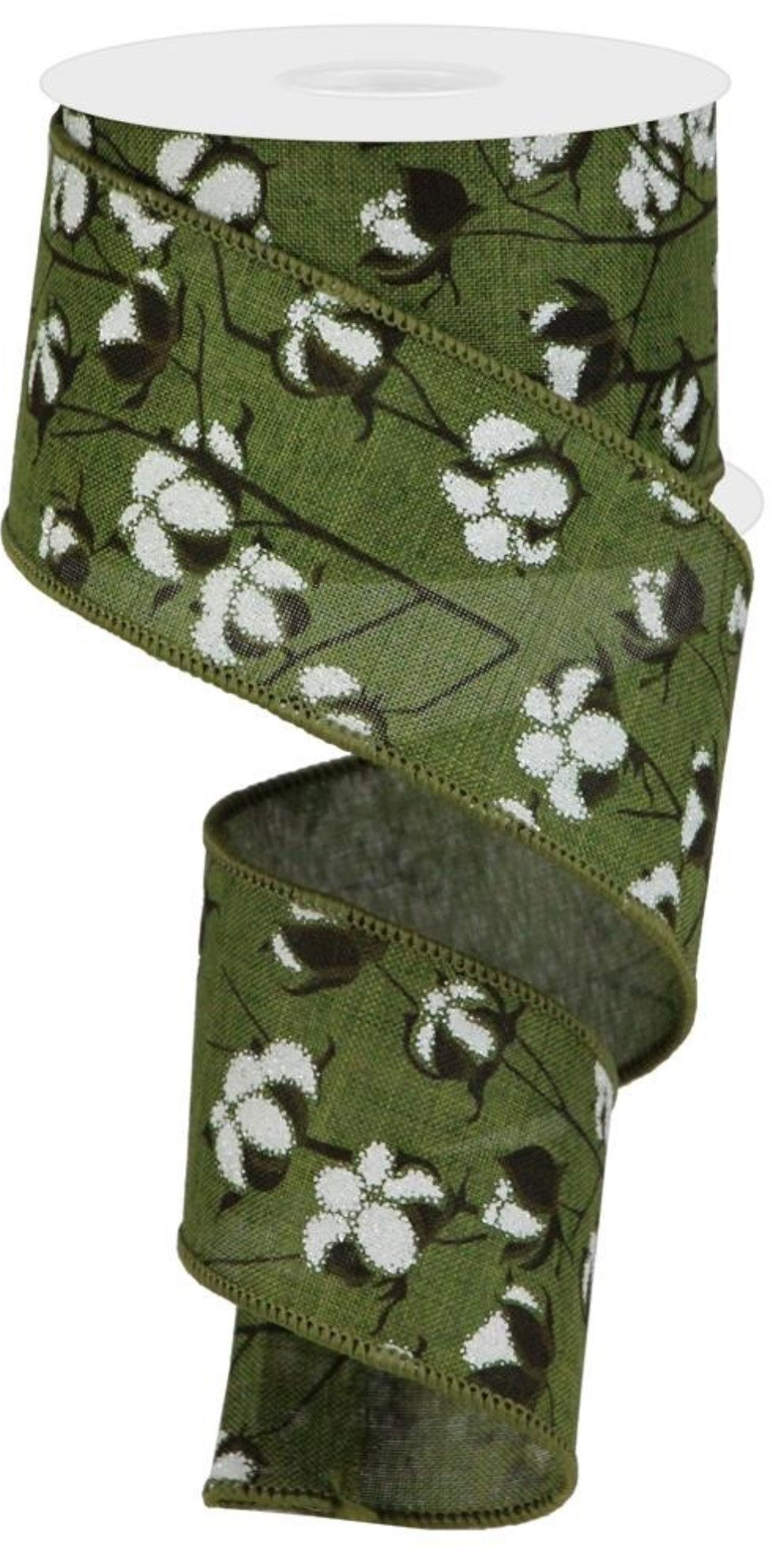 10 Yards - 2.5" Wired Olive Green Background Cotton Blossom Ribbon with Glitter Accent