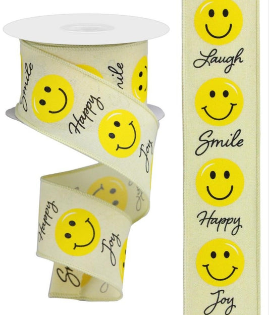 10 Yards - 2.5" Wired Light Yellow Background Smiley Face Ribbon