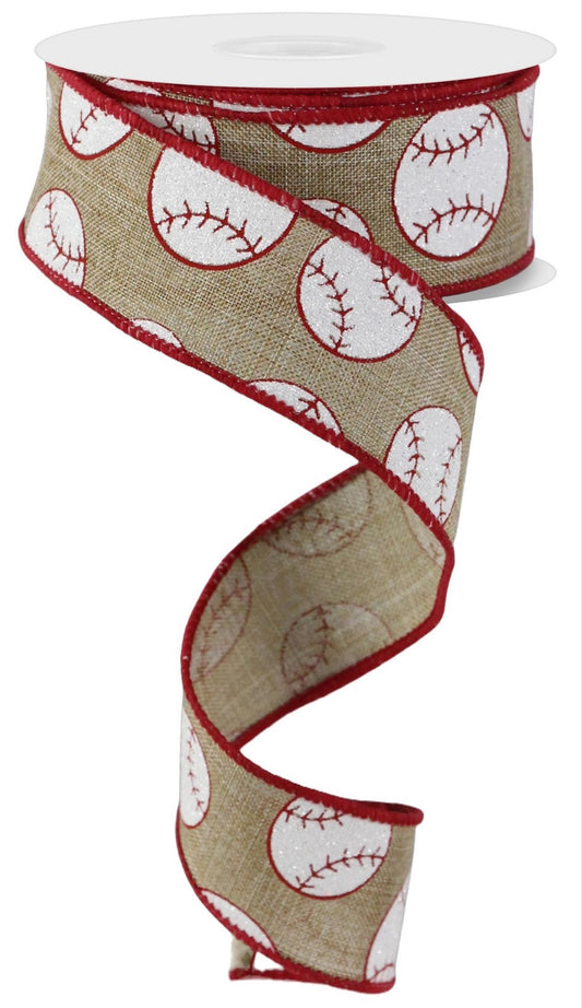 10 Yards - 1.5" Wired Natural Background Baseball Ribbon with Glitter Accent