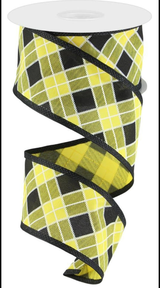 10 Yards - 2.5" Wired Yellow, Black, and White Cross Plaid Ribbon