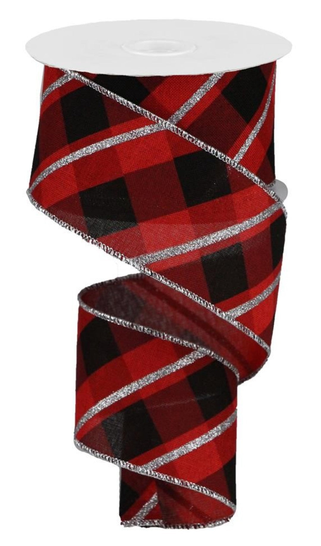 10 Yards - 2.5" Wired Red, Black, and Silver Glitter Cross Check Ribbon