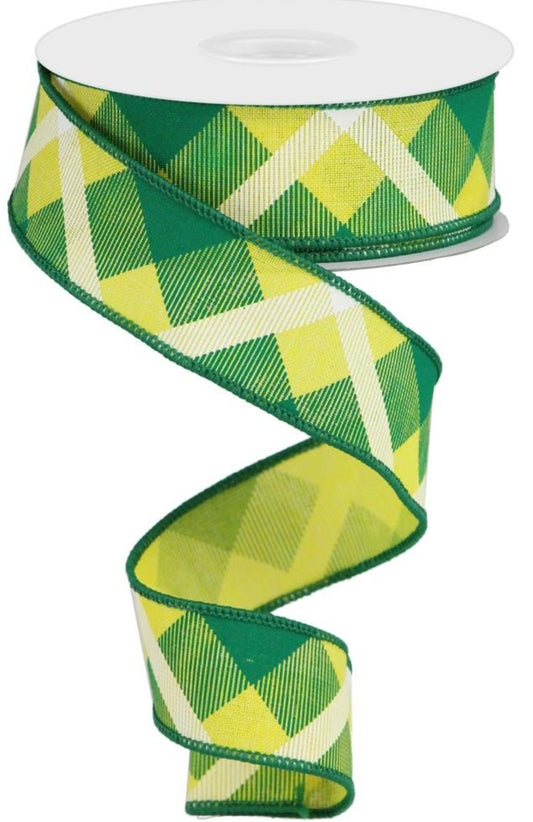 10 Yards - 1.5" Wired Green, Yellow, and White Cross Check Ribbon