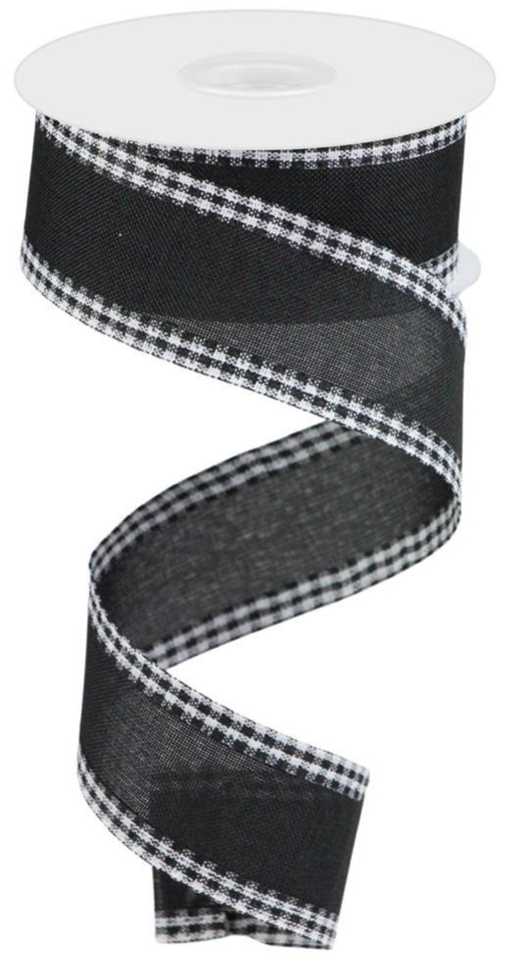 10 Yards - 1.5" Wired Black Background with Black and White Gingham Check Edge Ribbon