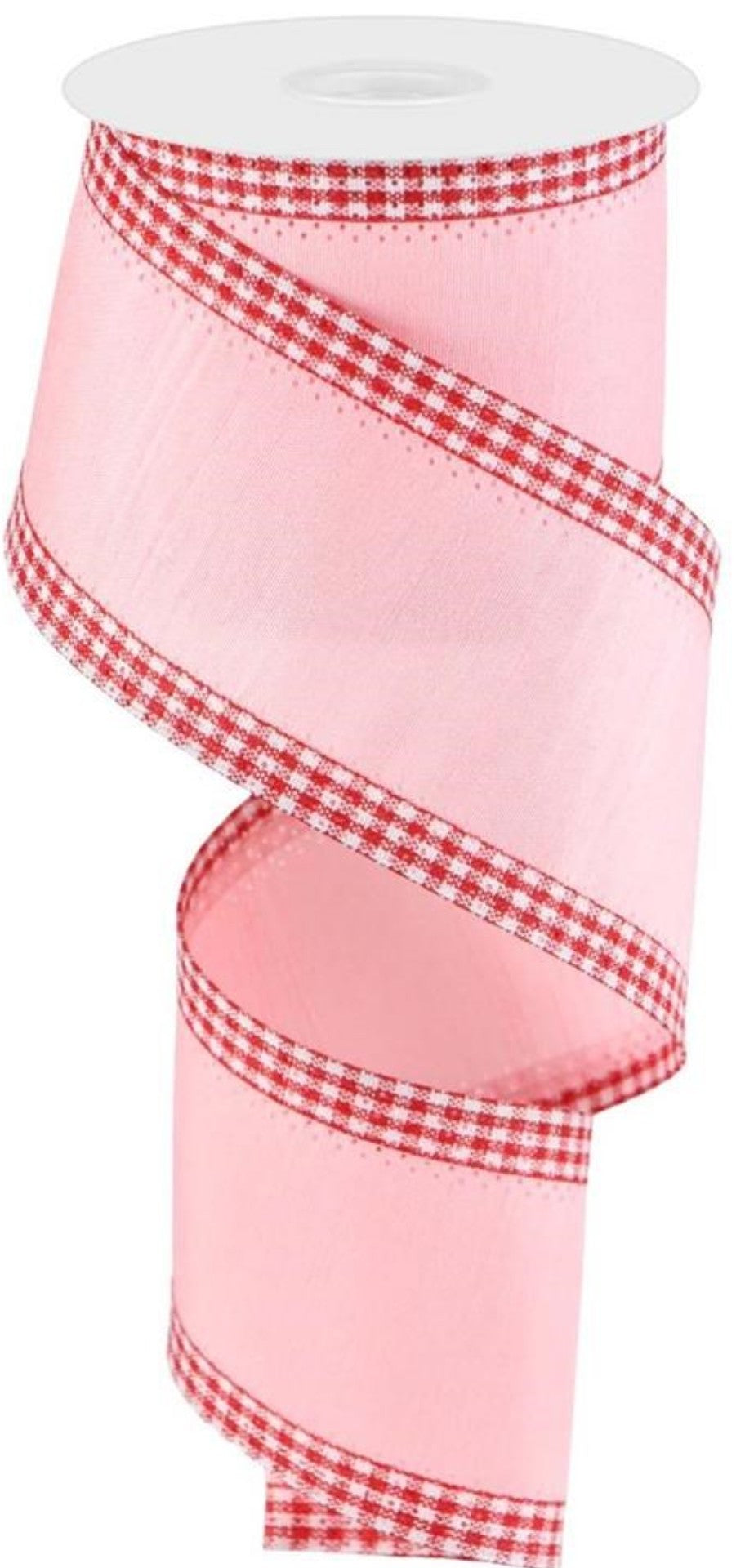 10 Yards - 2.5" Wired Pink Background with Red and White Gingham Check Edge Ribbon