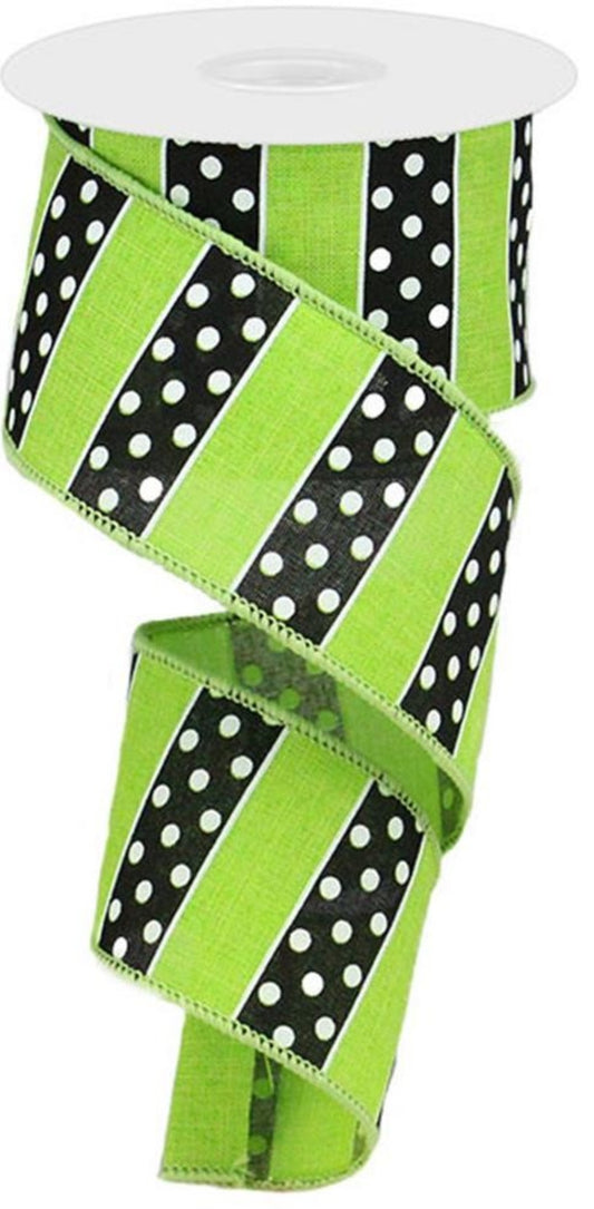 10 Yards - 2.5" Wired Lime Green, Black, and White Stripe Dot Ribbon