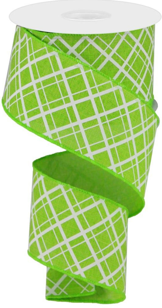 10 Yards - 2.5" Wired Lime Green and White Cross Plaid Ribbon