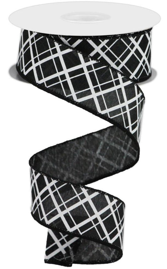 10 Yards - 1.5" Wired Black and White Cross Check Ribbon