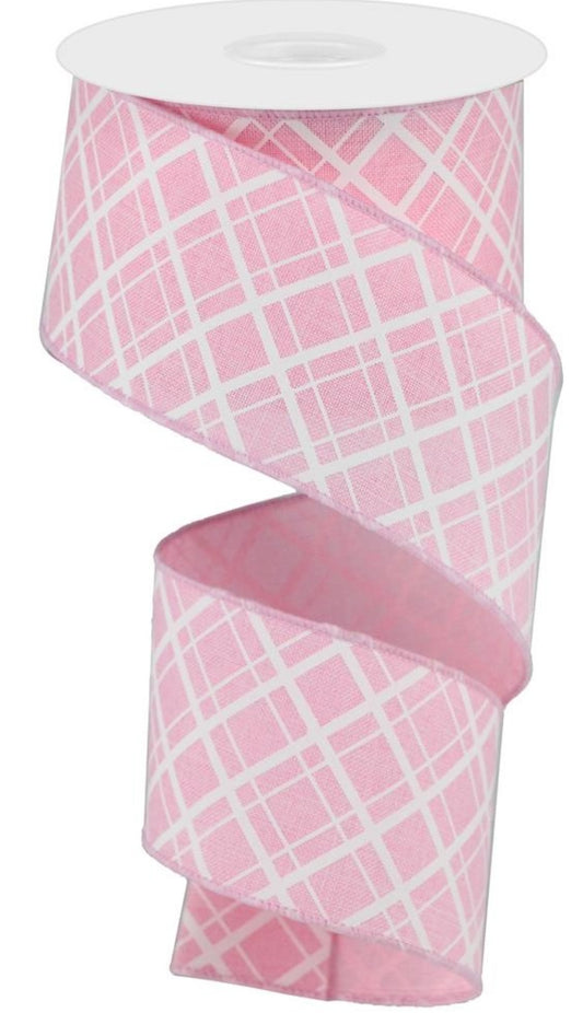 10 Yards - 2.5" Wired Pink and White Cross Check Ribbon