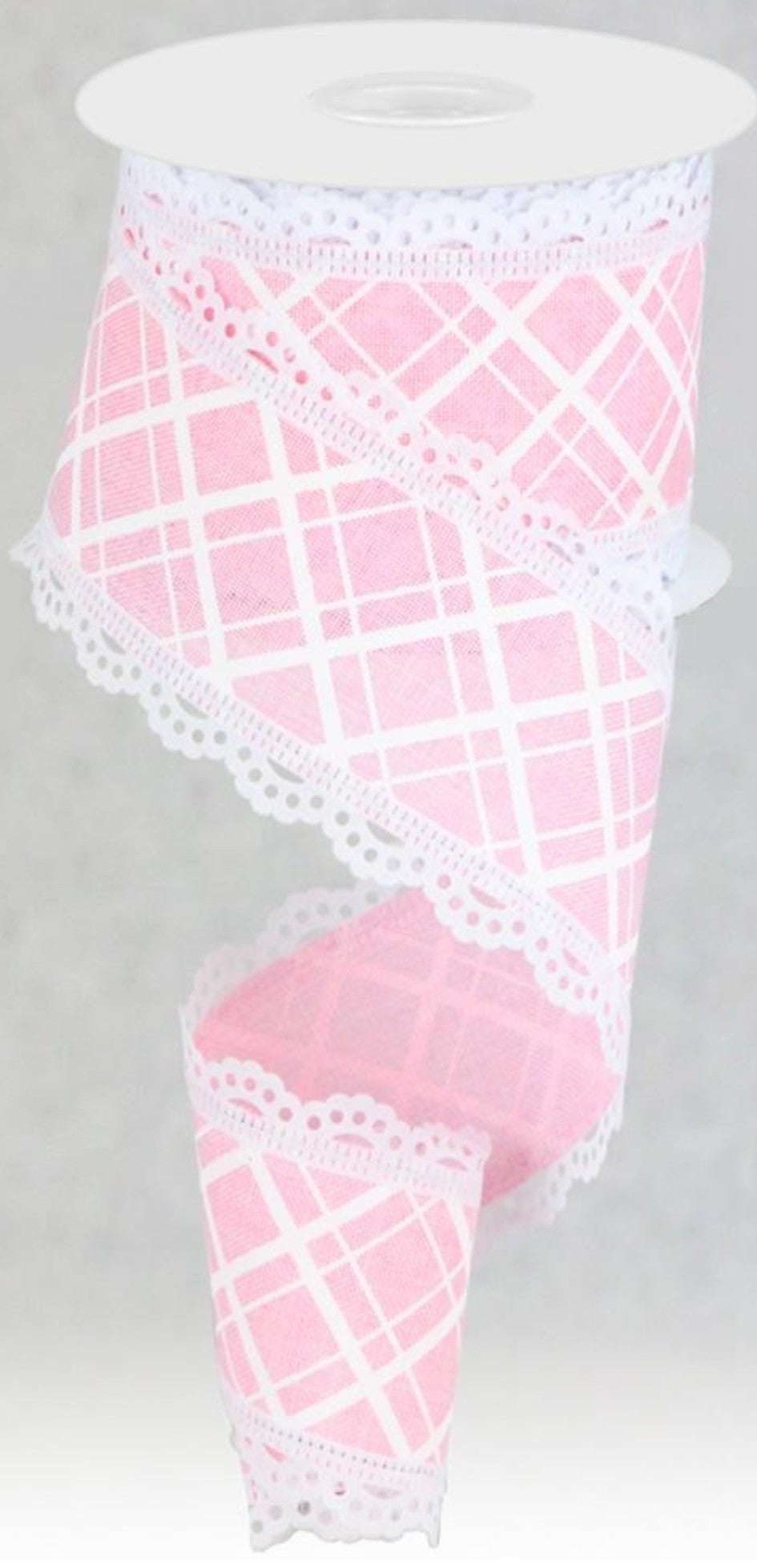 10 Yards - 2.5" Wired Pink and White Cross Plaid Ribbon with White Lace Edge