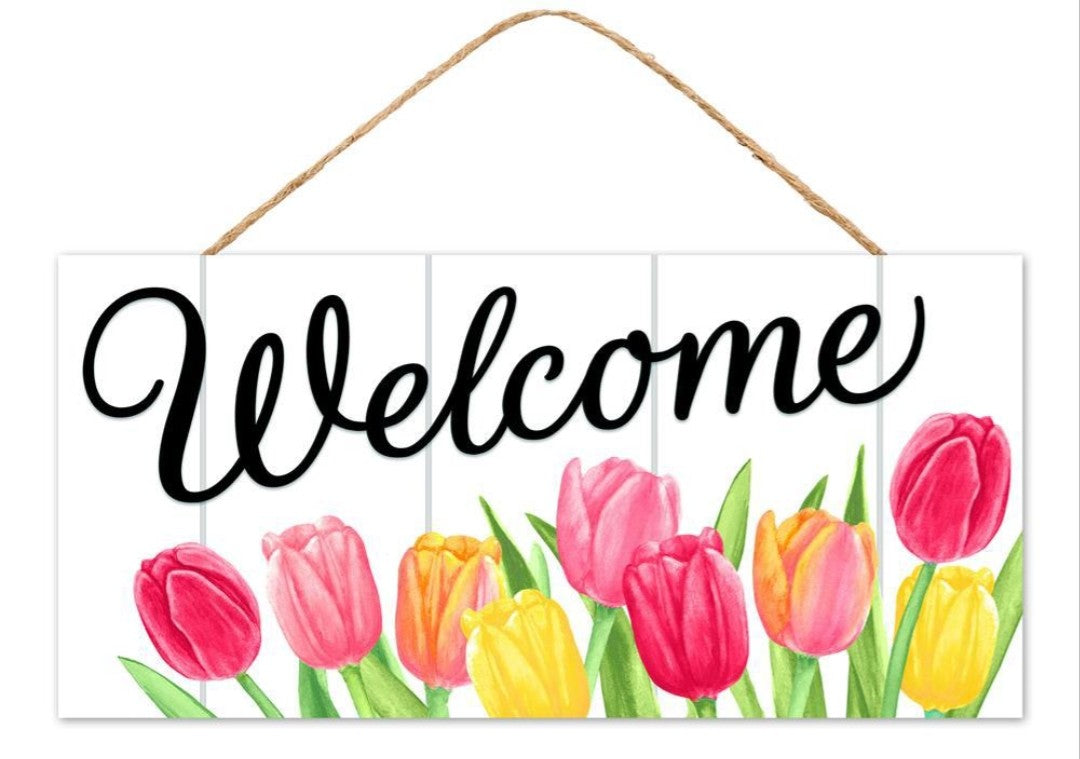 12.5"x6" Welcome Spring Tulip Wreath Sign