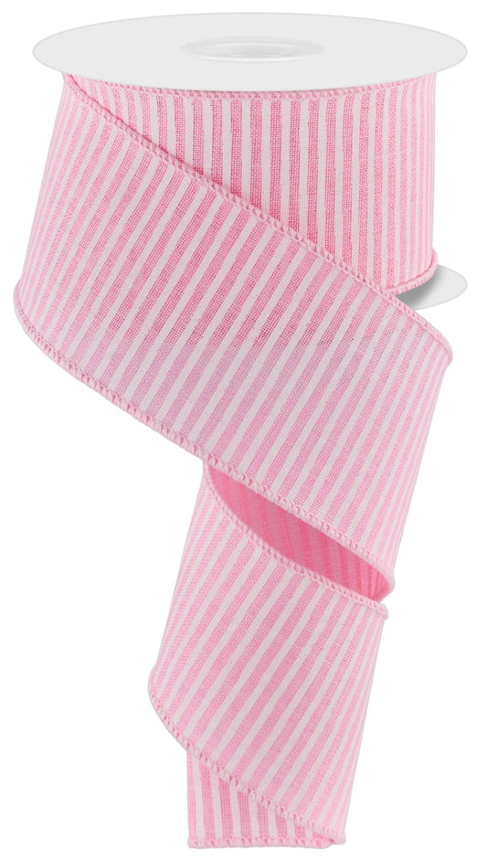 10 Yards - 2.5” Wired Light Pink and White Stripe Ribbon