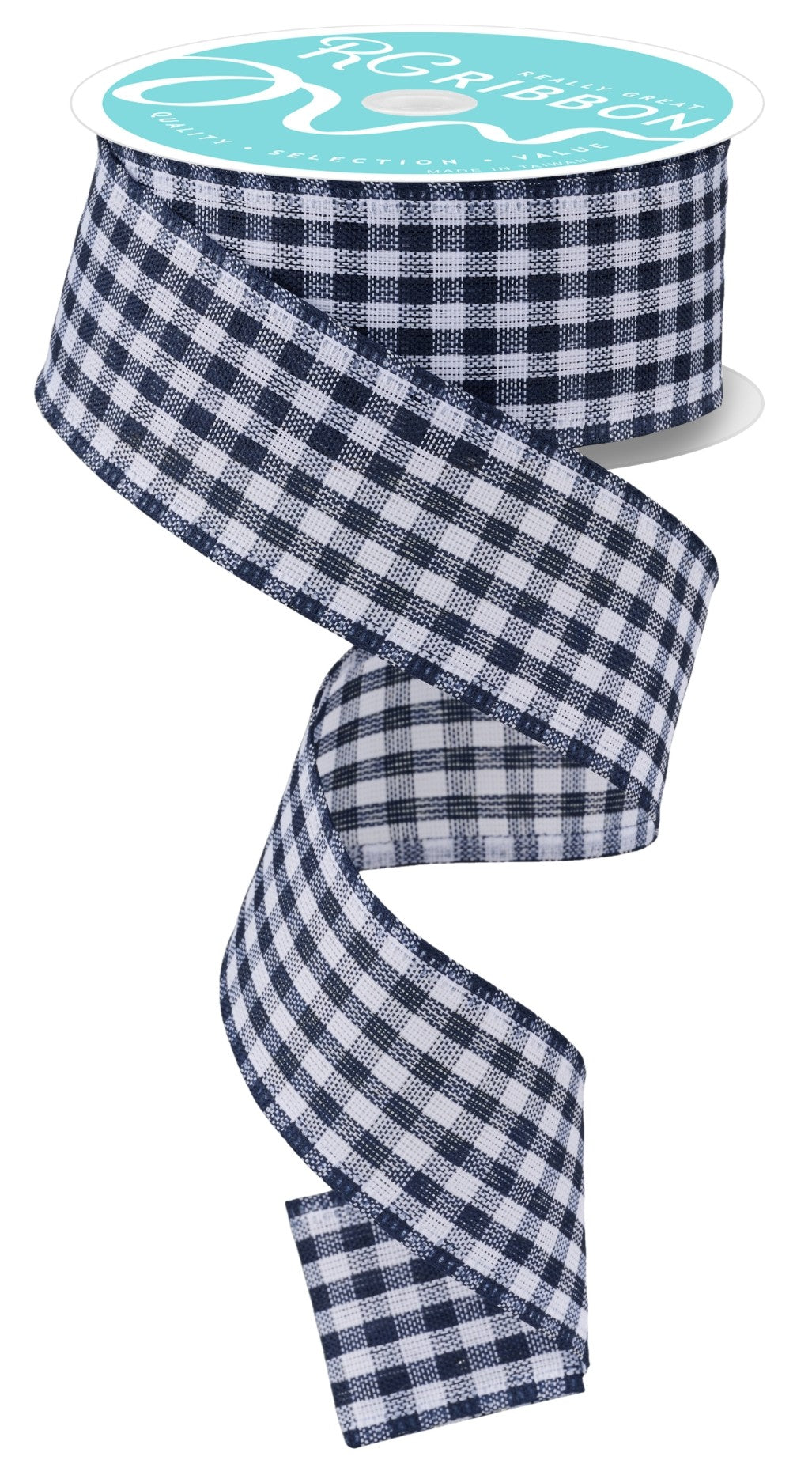 10 Yards - 1.5” Wired Navy Blue and White Gingham Check Ribbon