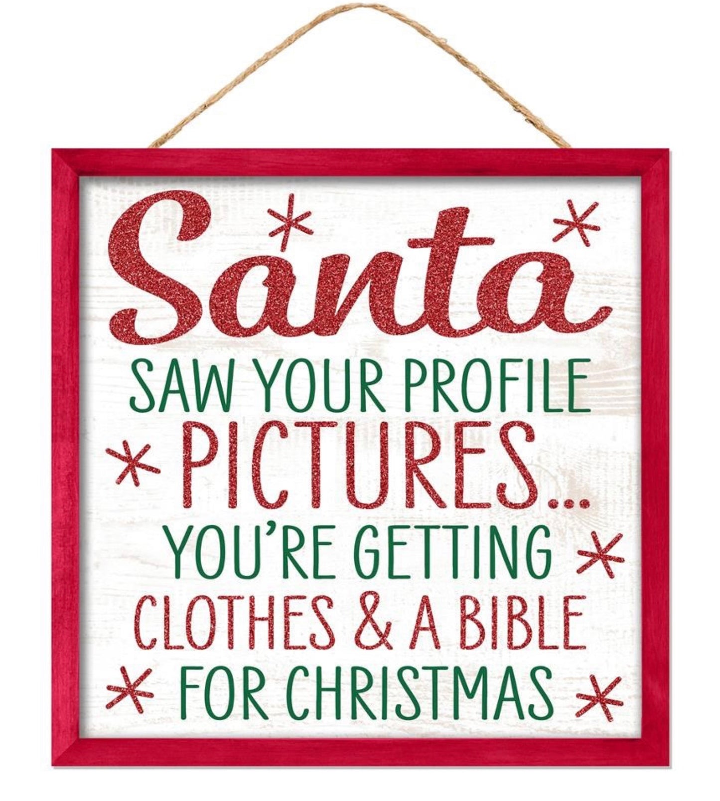 10” Santa Saw Your Profile Pictures Christmas Wreath Sign with Glitter Accent