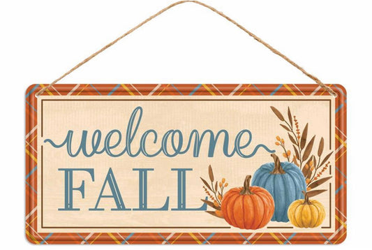 12”x6” Metal Blue and Orange Welcome Fall Pumpkin Wreath Sign