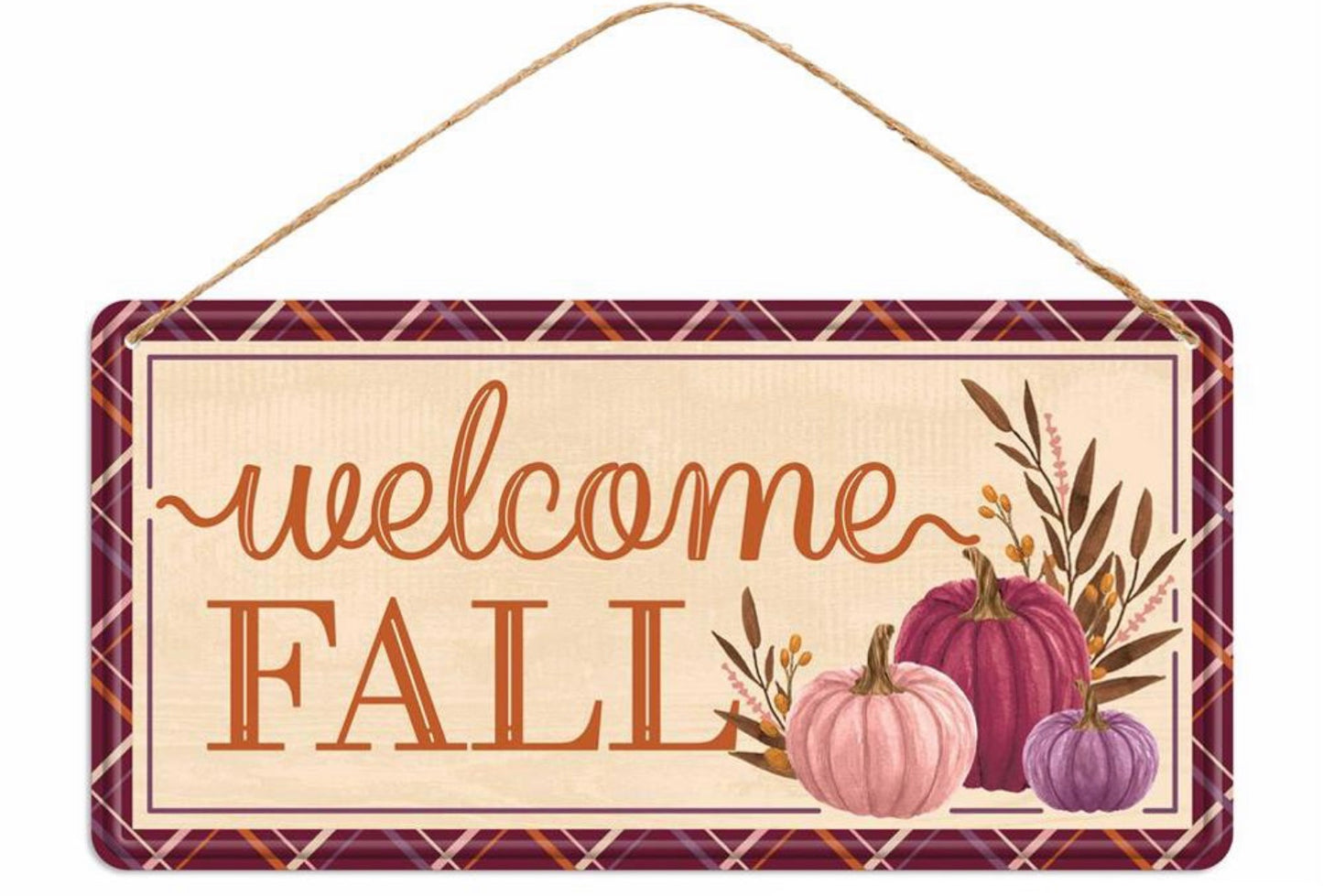 12”x6” Metal Burgundy Welcome Fall Pumpkin Wreath Sign