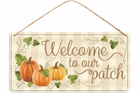 12”x6” Metal Welcome to our Patch Fall Pumpkin Wreath Sign