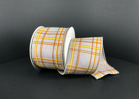 10 Yards - 2.5” Wired Gray, Orange, and Yellow Check Fall Ribbon