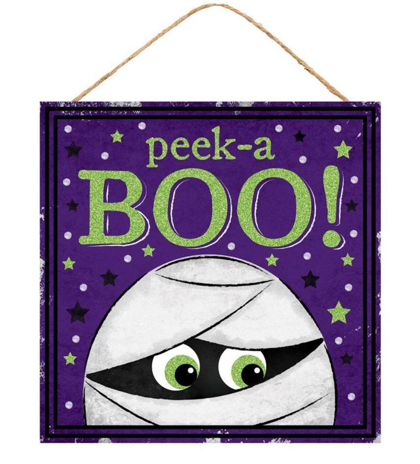 10” Peek-a-Boo Halloween Mummy Wreath Sign with Glitter Accent