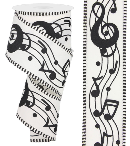 10 Yards - 2.5” Wired Cream Background Musical Note Ribbon with Stripe Edge