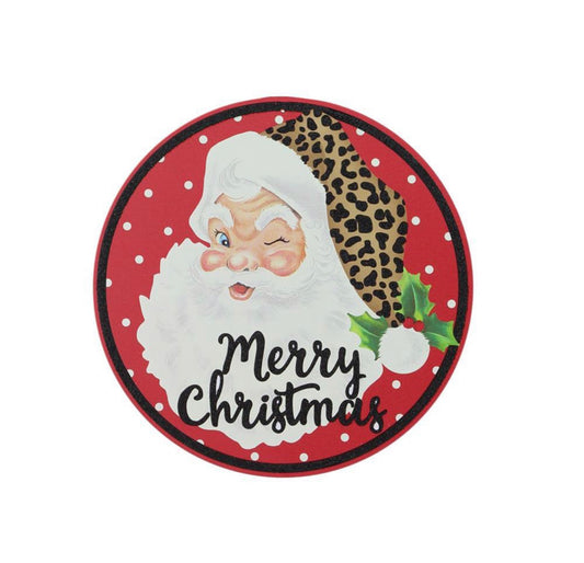 8” Round Metal Merry Christmas Santa Wreath Sign with Glitter Accent