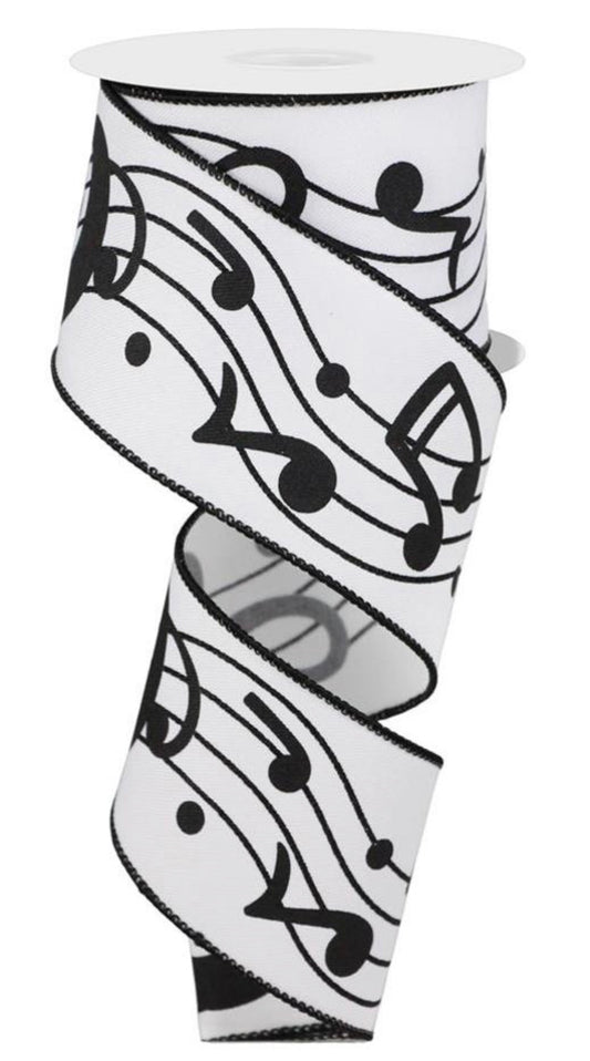 10 Yards - 2.5” Wired Black and White Music Note Ribbon