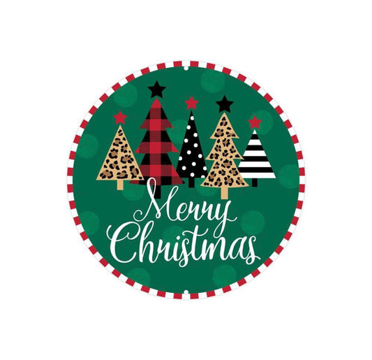 8” Round Metal Merry Christmas Tree Wreath Sign